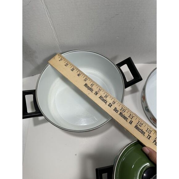 Vtg Lot 3 Enamel Stock Pots Rooster & Poppy Flower 60s‎ 70s Saucer Fry MCM RARE - Picture 6 of 15